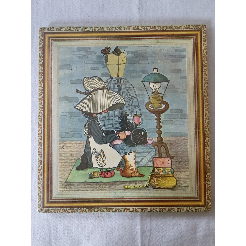 Vintage Champion Products Girl & her Pet while Sewing Wall Art